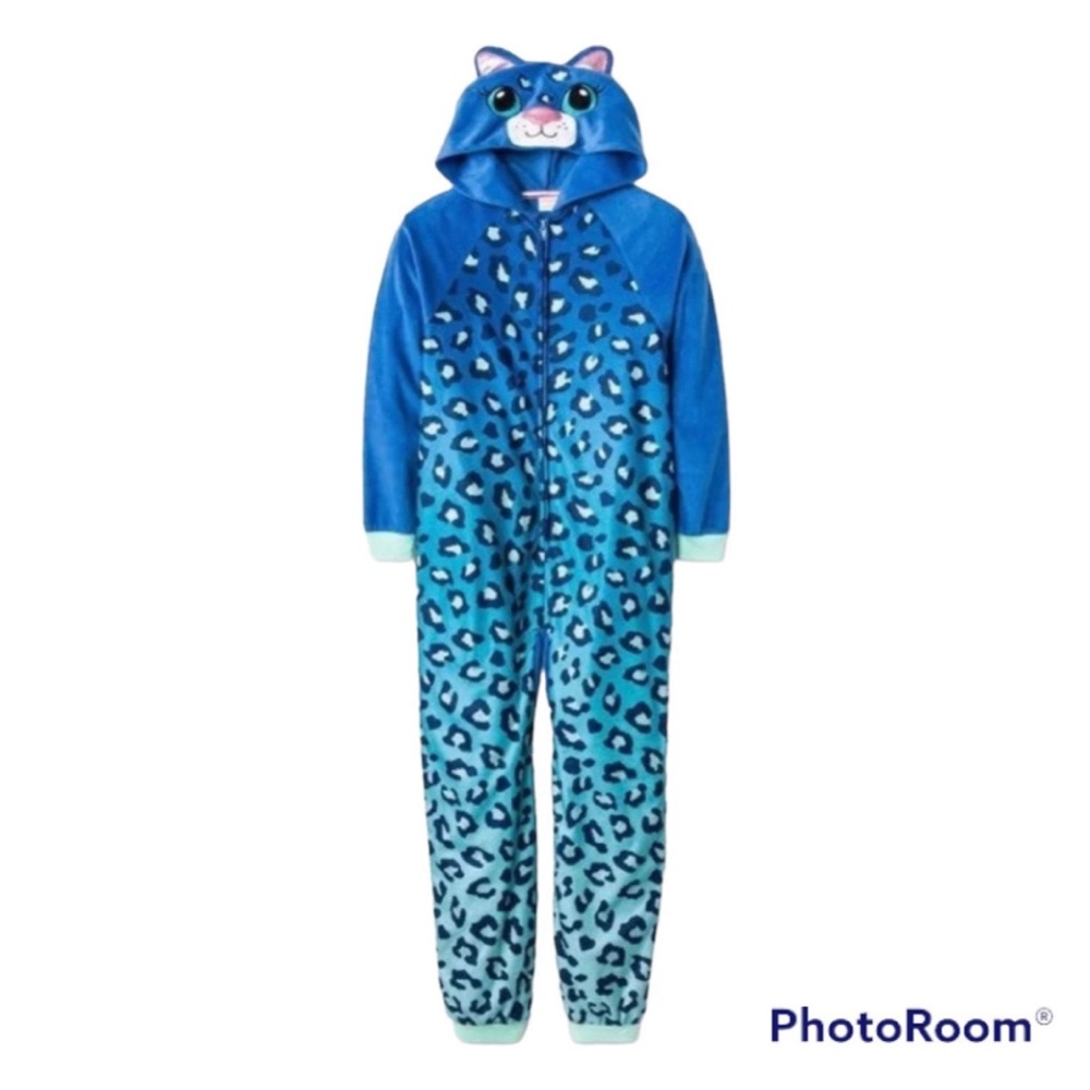 Cat & Jack Leopard Hooded Ears Girls Pajama Onesie Blue Burst Sz Large
